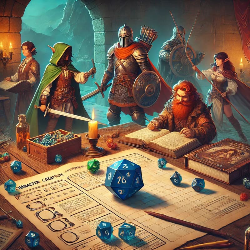 Dungeons & Dragons BECMI character creation a group of adventurers standing at a table, rolling dice to determine their abilities