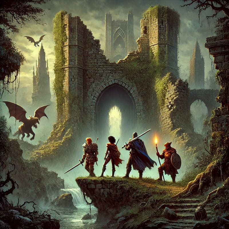 Dungeons & Dragons BECMI A group of heroes standing at the entrance of a ruined castle