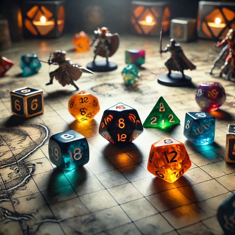 The dice (D4, D6, D8, D10, D12, and D20) are in mid roll