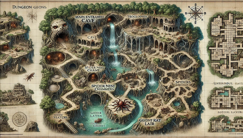 A detailed fantasy dungeon map layout for a series of interconnected natural caves for a D&D adventure, reorganized to appear more realistic