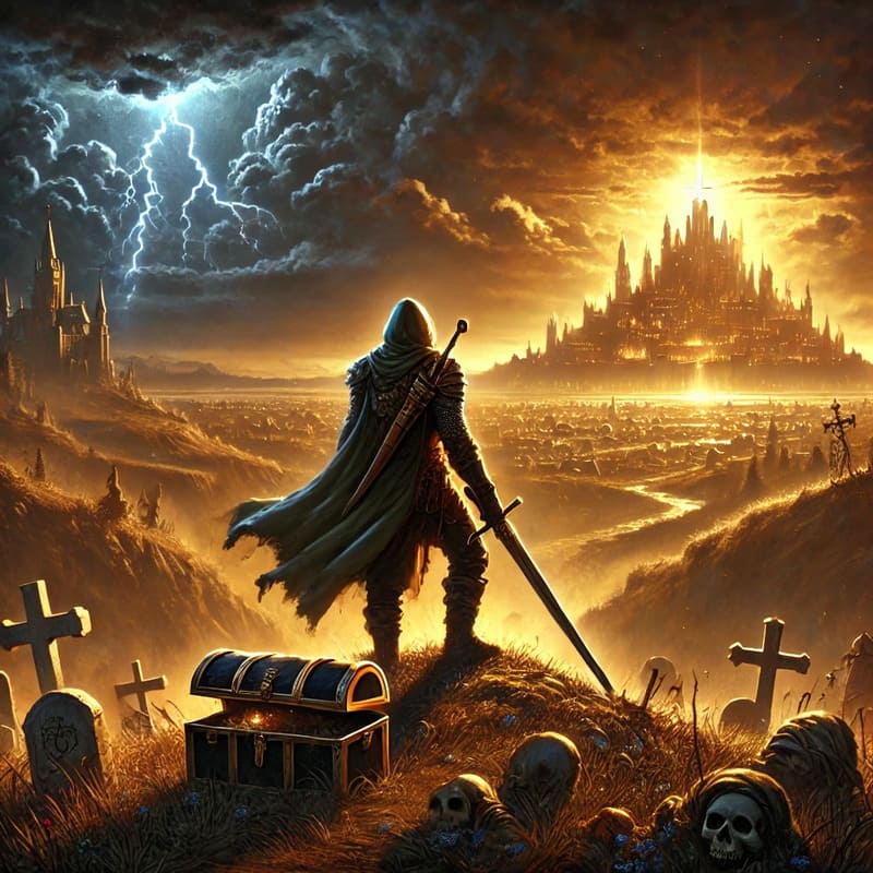 A dramatic fantasy scene symbolizing the themes of sacrifice, glory, and power in Dungeons & Dragons