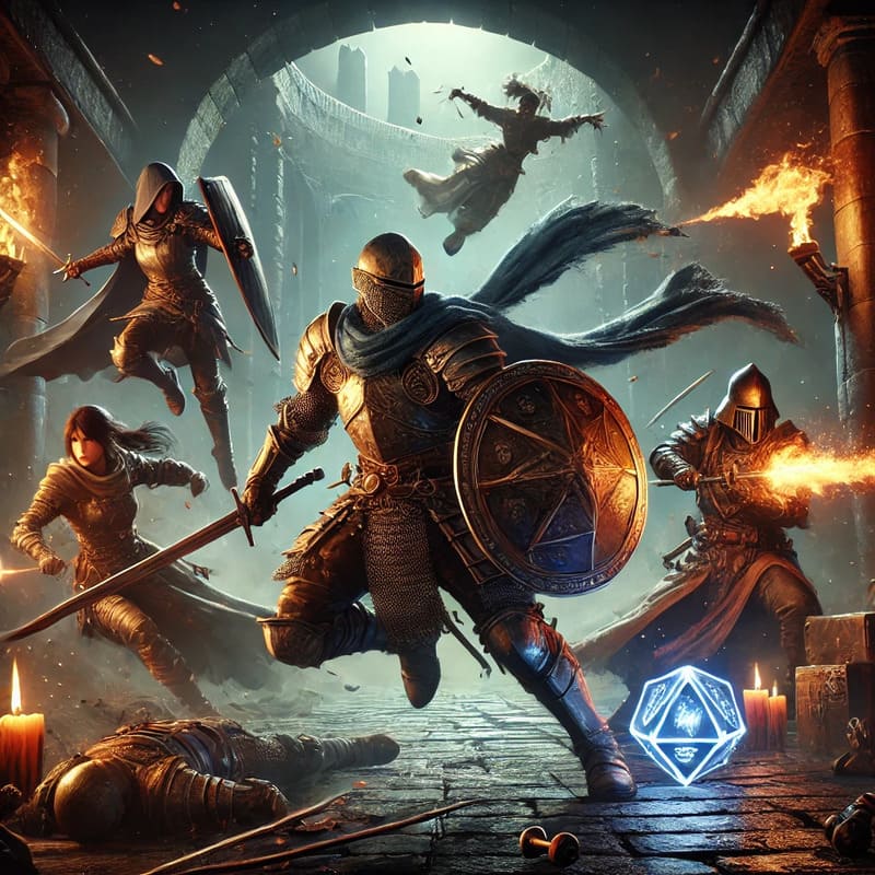 A dynamic scene of a group of Dungeons & Dragons warriors of different specializations (Champion, Samurai, Eldritch Knight, and Battle Master) fightin