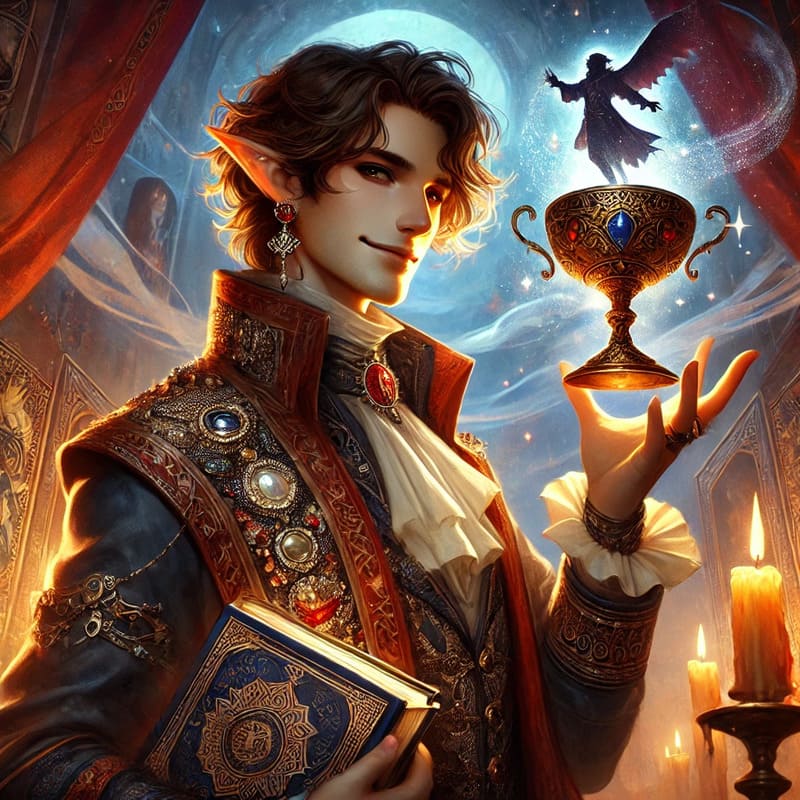 A mysterious and elegant trickster character, Safir, a half elf bard, holding the Cup of Akbar in one hand and the Talisman of Akbar in the other