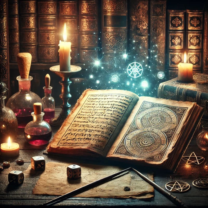 A mystical scene showing a wizard's desk with an open spellbook glowing faintly with magical runes