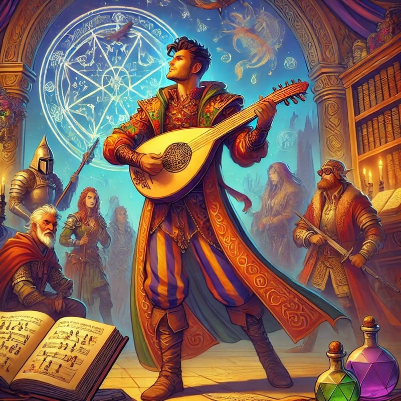 A vibrant cover illustration for an article on the Bard class in Dungeons & Dragons