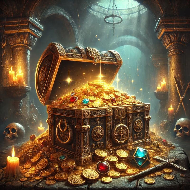 An ornate treasure chest overflowing with gold coins, jewels, and a magical artifact glowing faintly