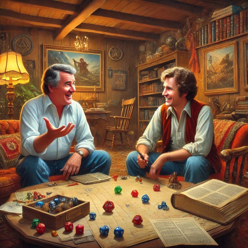 Gary Gygax and Jack Vance sitting in a cozy 1970s living room, engaged in an animated discussion about magic and role playing games