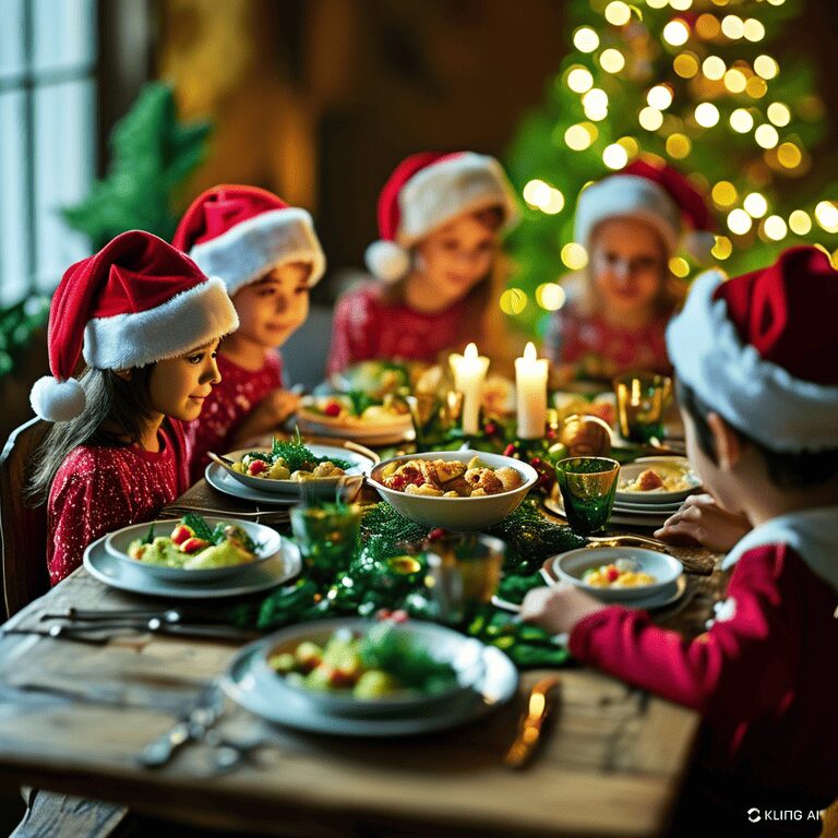 cena di natale con elfi verdi e