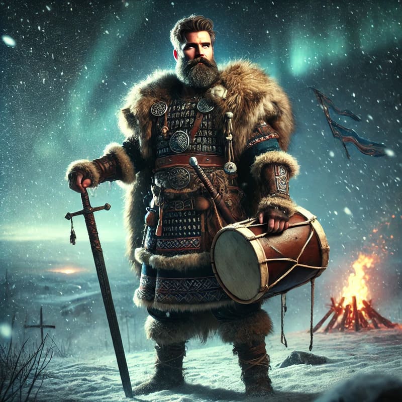 A bard inspired by Norse skalds, standing proudly on a snowy battlefield. The bard is a rugged, bearded human male, clad in fur lined armor with Nordi