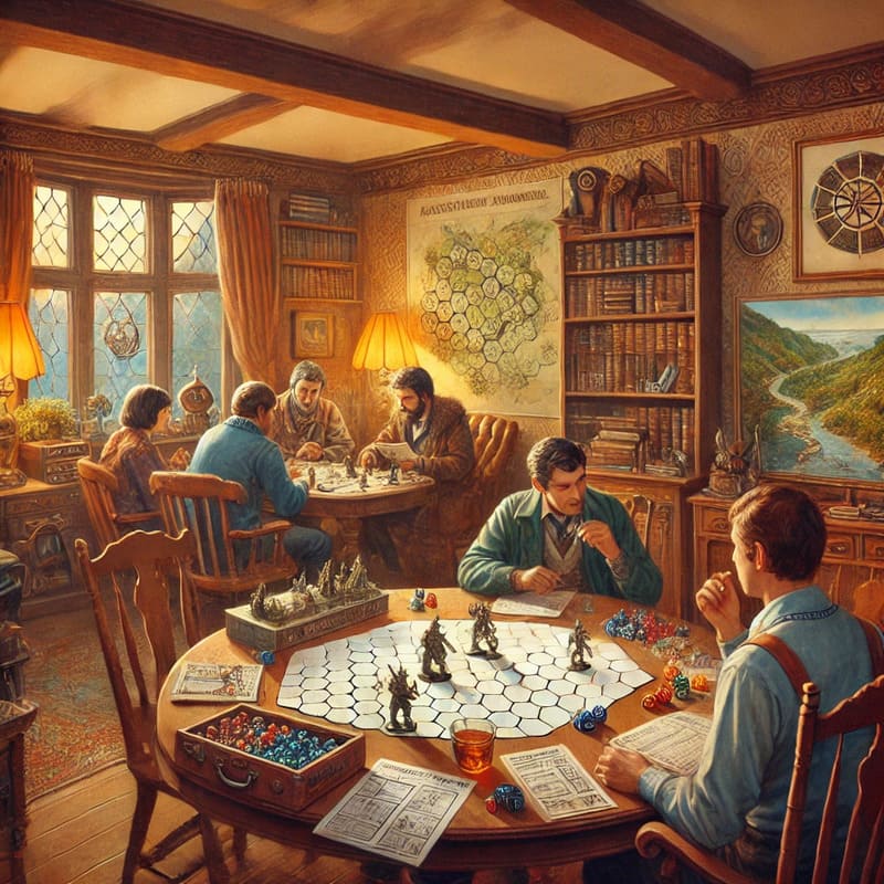 A cozy 1970s gaming room with a group of friends gathered around a table playing both a wargame and a role playing game (RPG). The wargame side featur