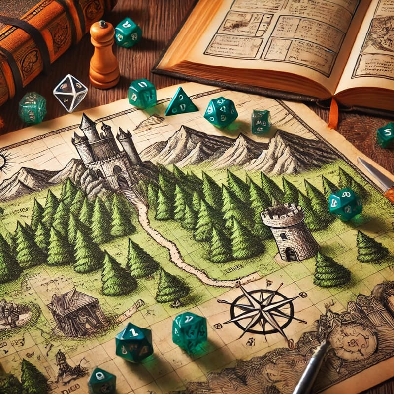 A creative visualization of a retro fantasy role playing game world. The scene includes a hand drawn style map with castles, forests, mountains, and d