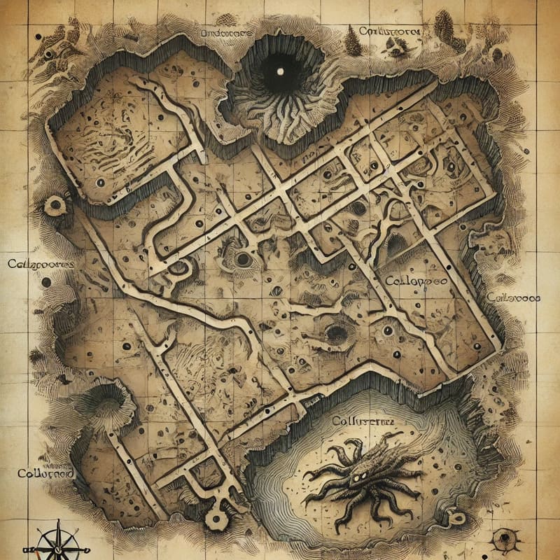 A detailed fantasy map showing a dungeon network with tunnels carved by a Bulette. The map includes underground caverns, collapsed passages, and areas