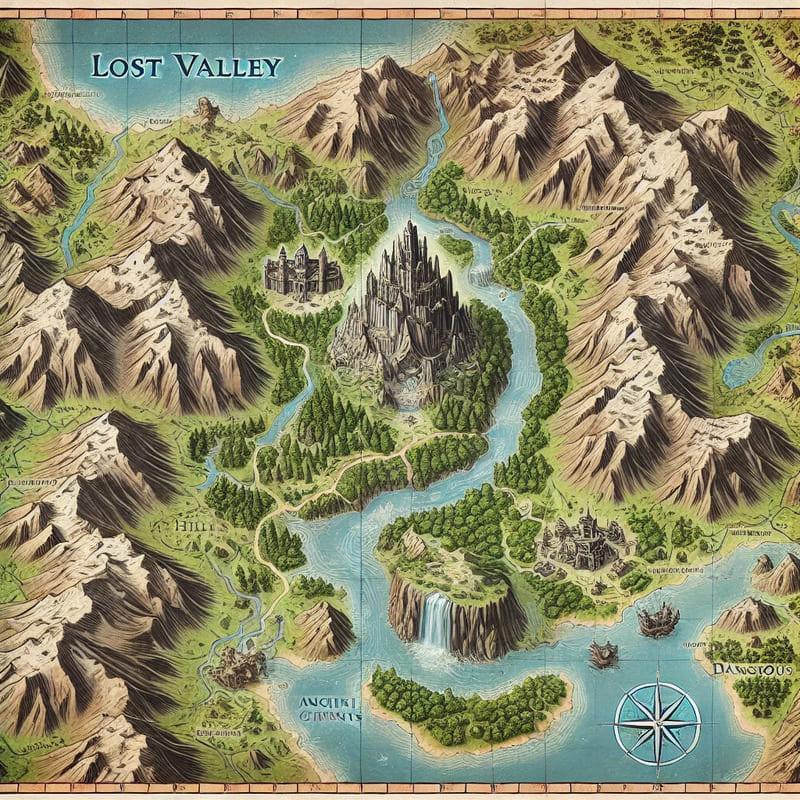 A detailed fantasy map showing the Lost Valley, hidden between towering mountains, with a central ancient temple guarded by hill giants. The map inclu