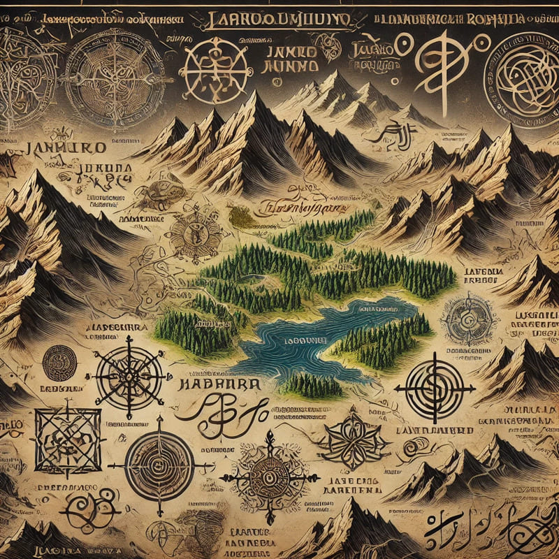 A detailed fantasy map with annotations in multiple fictional languages. The map features mountains, forests, and mystical landmarks with intricate sy