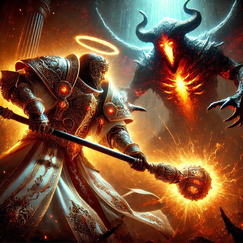 A dramatic fantasy scene with a cleric in ornate armor and wielding a glowing mace, locked in intense combat with a dark, shadowy demon with fiery eye