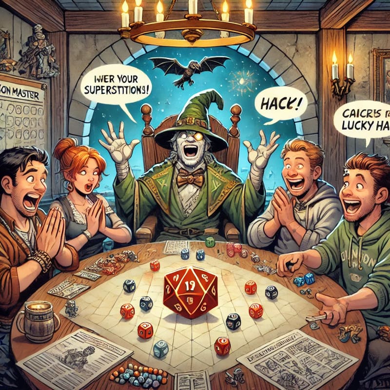 A humorous illustration of a tabletop role playing game session where players display their superstitions. One player dramatically chants over their d