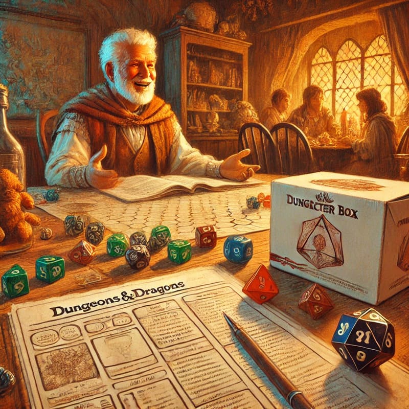 A nostalgic scene of a Dungeons & Dragons gameplay table featuring a White Box character sheet, polyhedral dice, and an open rulebook. In the backgrou