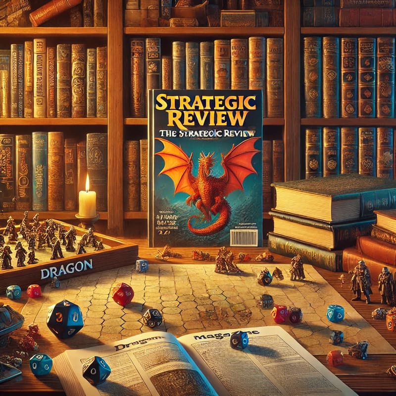 A nostalgic scene symbolizing the transition from The Strategic Review to Dragon Magazine. The image features a tabletop covered with dice, maps, mini