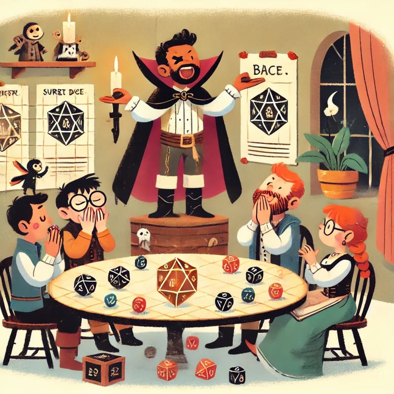 A playful illustration of a tabletop role playing game session where a group of players, sitting around a table, display quirky superstitions with dic