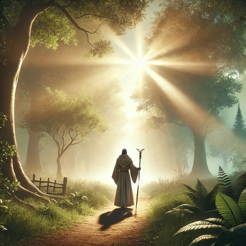 A serene fantasy scene with a lone cleric walking along a forest path at dawn, illuminated by a beam of divine light from the sky. The cleric wears a