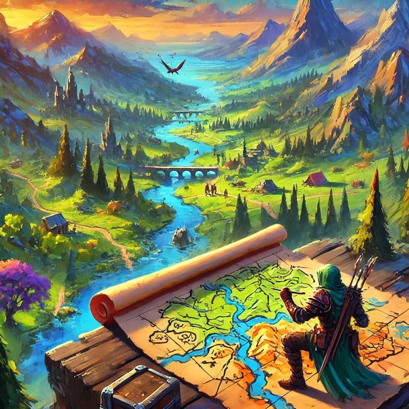 A vibrant fantasy scene showing a group of adventurers on top of a hill, with one character sketching a detailed map of the landscape below. The view