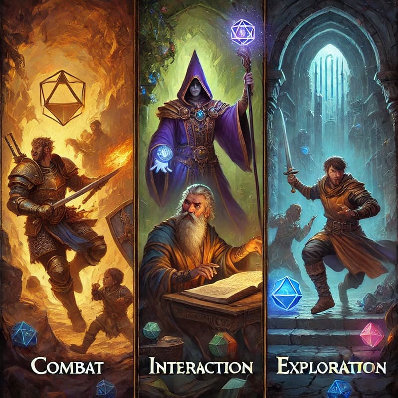 An artistic depiction of the three pillars of Dungeons & Dragons gameplay a fierce warrior in battle (combat), a charismatic mage interacting with a