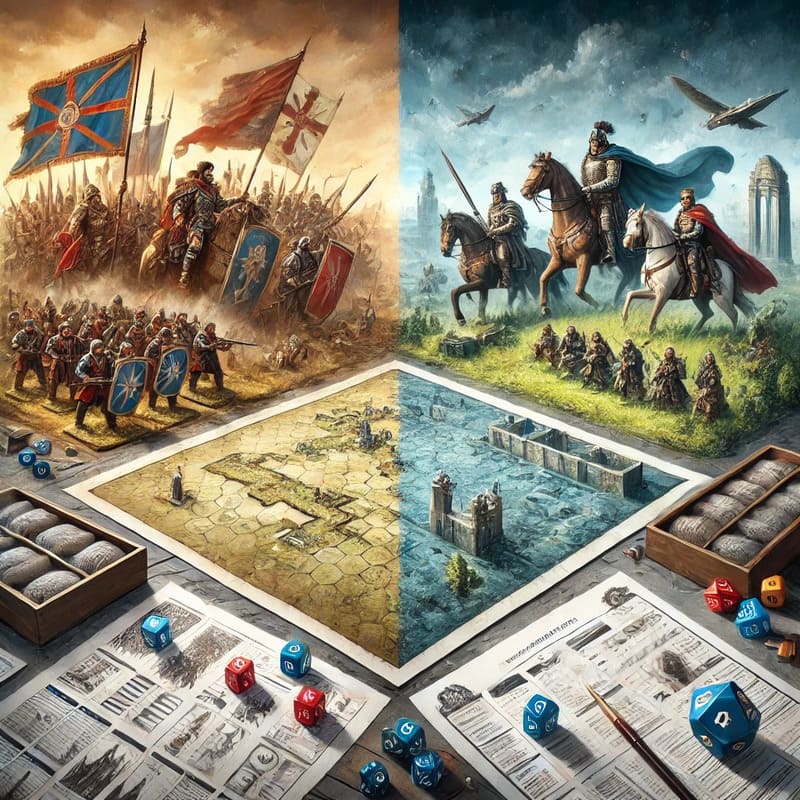 An illustration showing a tabletop with two sections one side featuring wargame miniatures with units on a battle map, and the other side showcasing