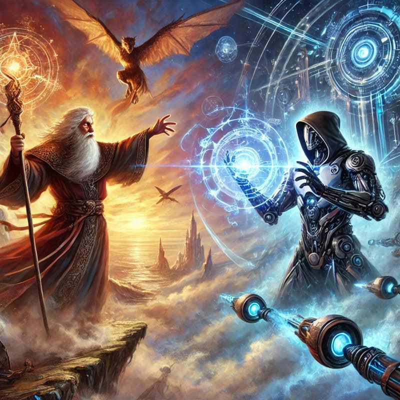 Epic fantasy scene featuring a mage and a technologist in a dynamic confrontation. The mage is casting a spell while the technologist is using a sl