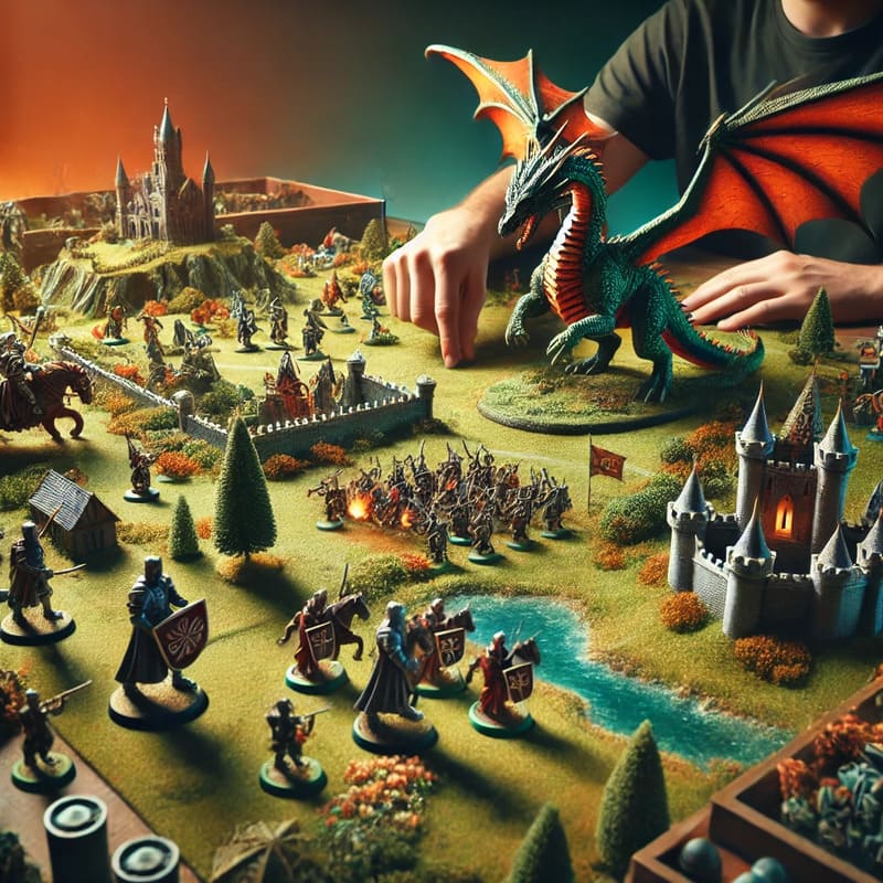 A captivating cover illustration for a blog article about three dimensional wargames with miniatures. The scene features a detailed tabletop battlefie