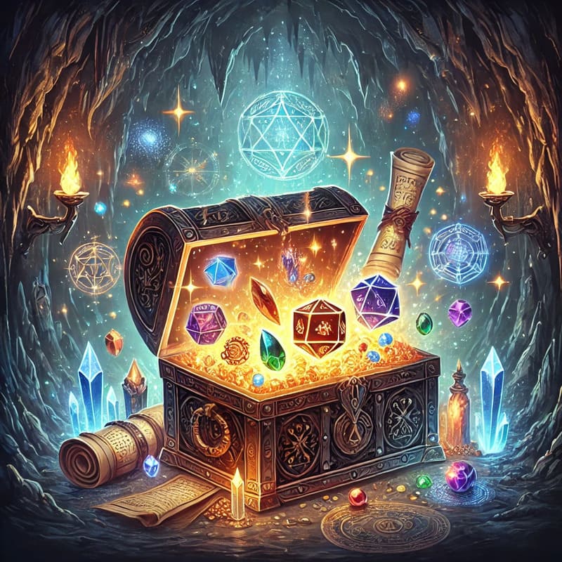 A captivating fantasy illustration of a treasure chest filled with glowing magical artifacts, ancient scrolls, and mystical gemstones, surrounded by f