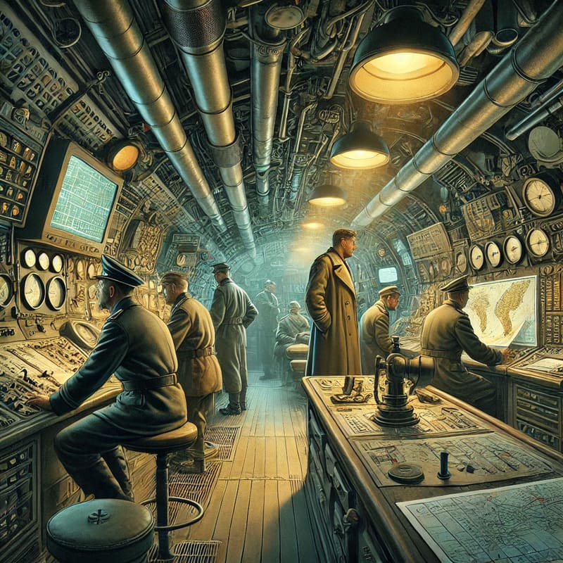 A detailed illustration for a blog article about a World War II submarine wargame. The image shows a tense moment inside the control room of a German