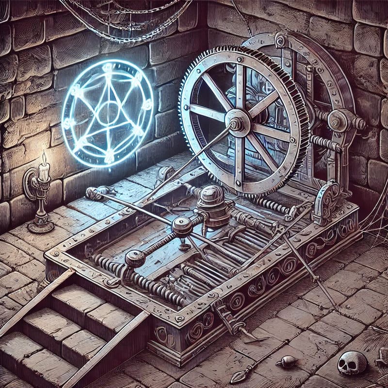 A detailed illustration of a mechanical trap inside an ancient dungeon. The trap features a pressure plate on the floor, connected to swinging blades