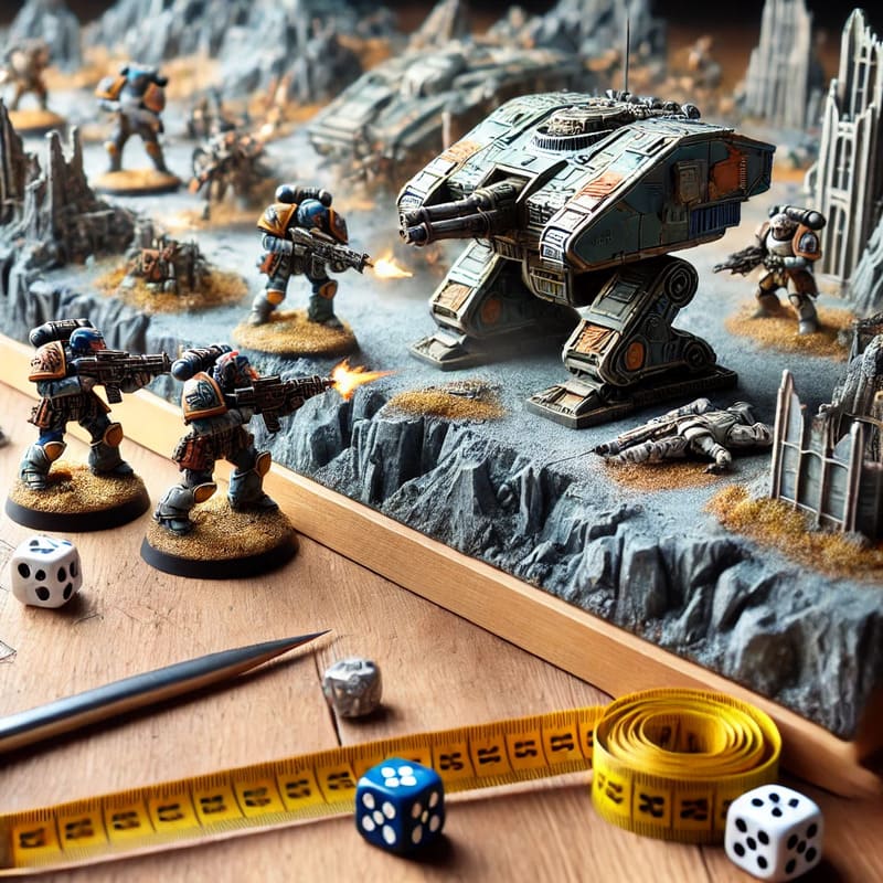 A detailed internal illustration for a blog article about three dimensional wargames with miniatures. The image depicts a close up of a tabletop battl