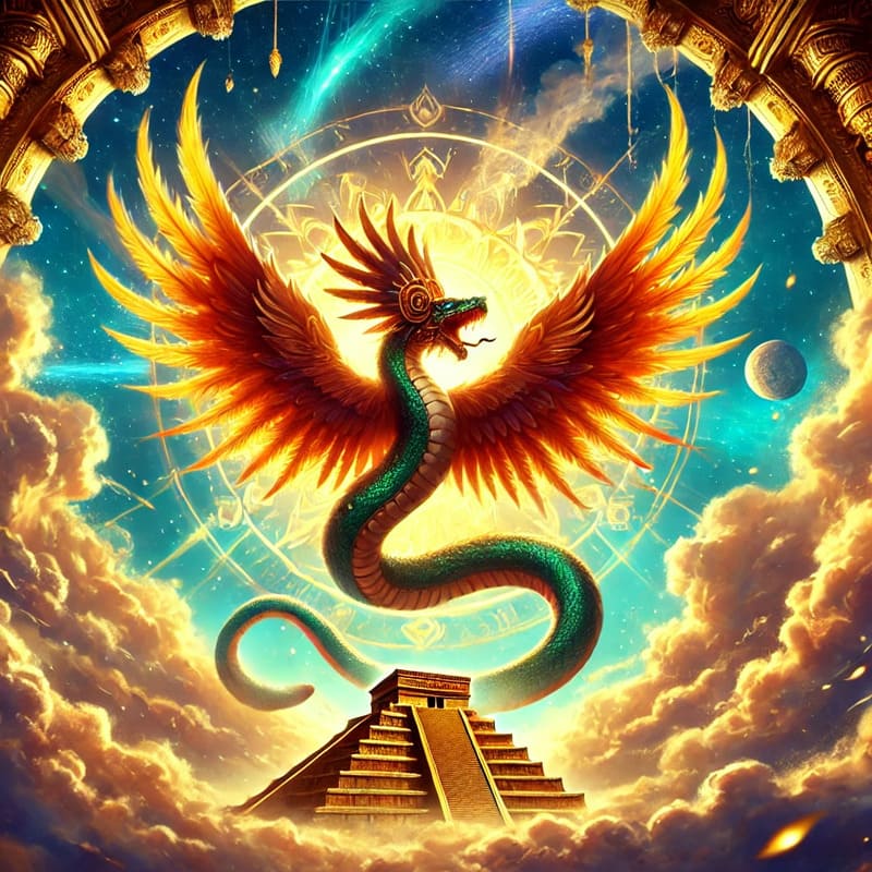 A divine and mythical fantasy illustration featuring a serpent with feathered wings, representing a deity inspired by Quetzalcoatl. The scene is vibra