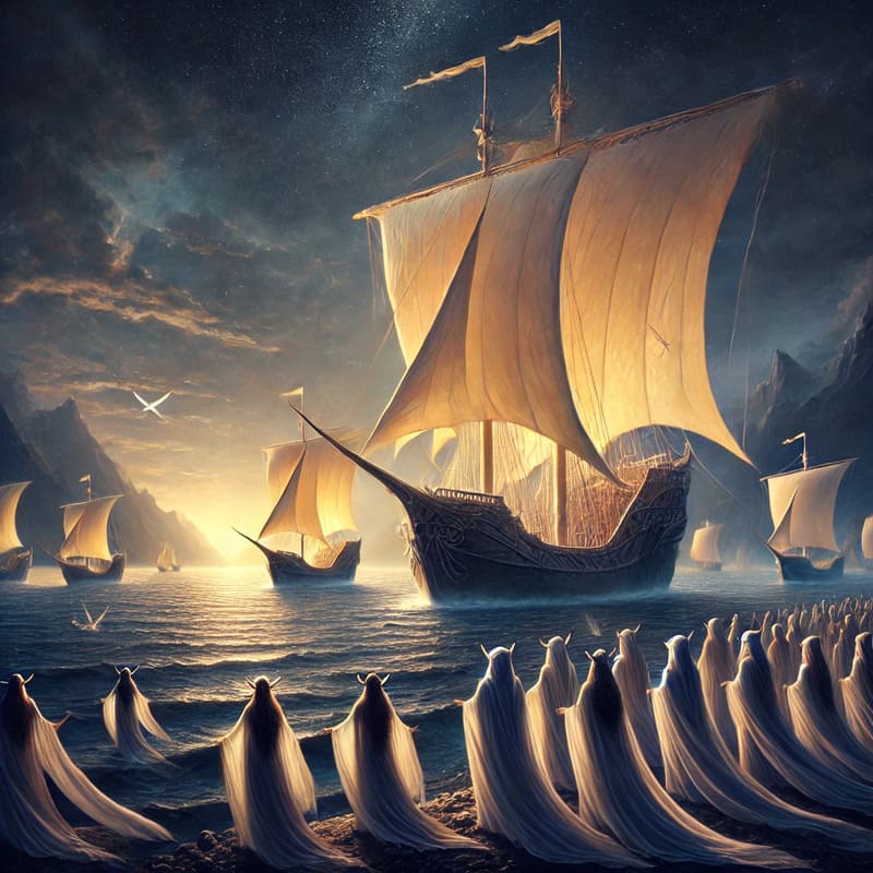 A dramatic and emotional fantasy scene depicting elves departing for Valinor by sea. The image features elegant elven ships with flowing sails, glowin