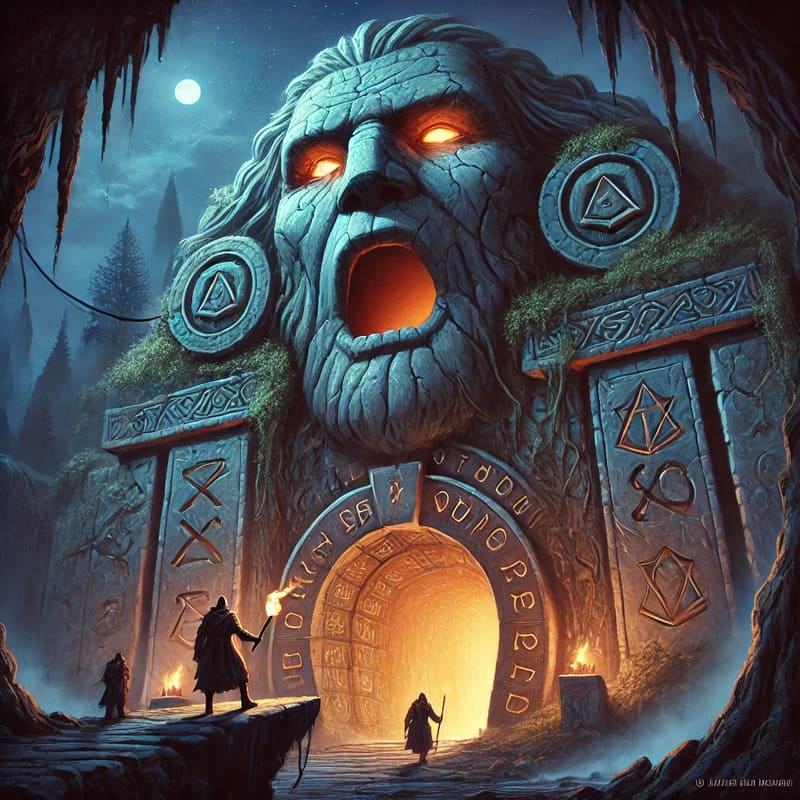 A dramatic fantasy illustration of a dungeon entrance, featuring a colossal stone statue with a gaping mouth that serves as the doorway. The scene is