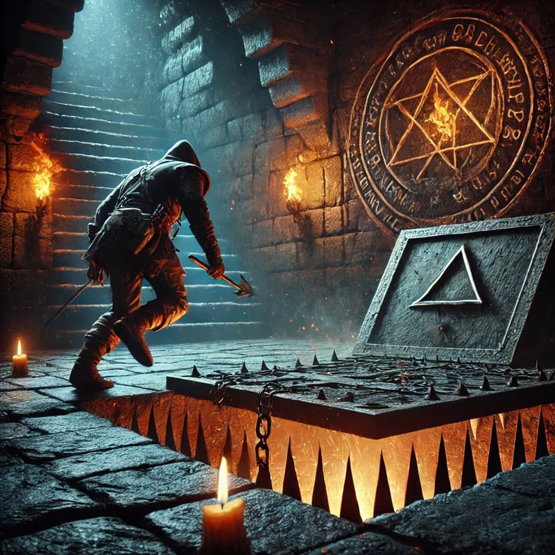 A dramatic fantasy scene depicting an adventurer triggering a trap inside a dark and ancient dungeon. The floor beneath them begins to crumble, reveal