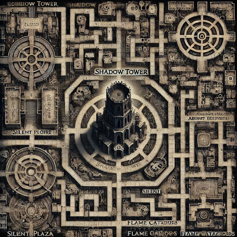 A highly detailed fantasy map of the city of Angalore. The Shadow Tower is placed at the center, surrounded by labyrinthine streets spiraling outward