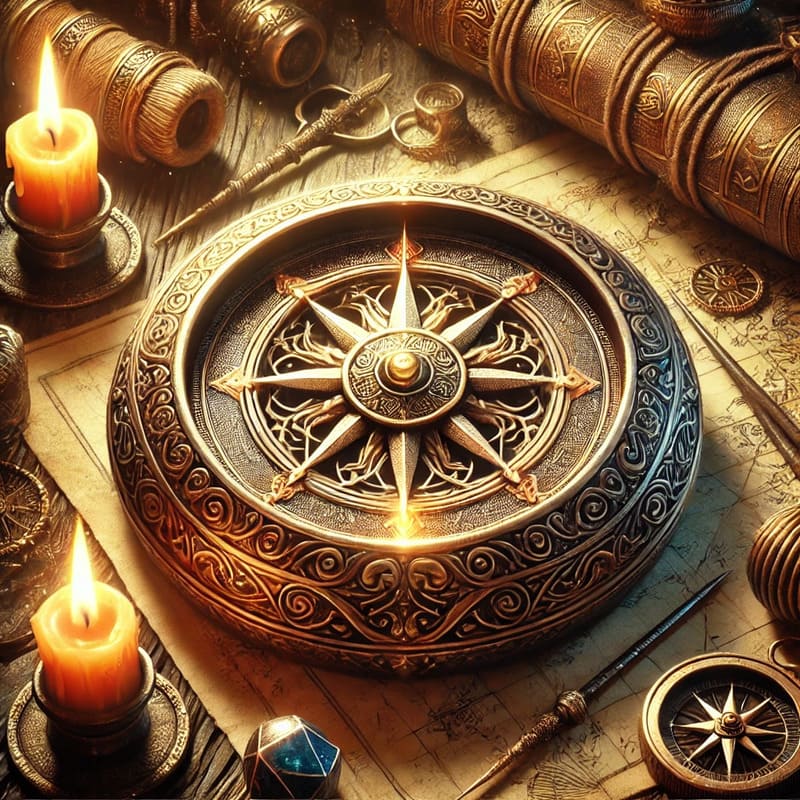 A magical and detailed illustration of a legendary artifact a golden compass with intricate engravings, glowing faintly, and pointing to an unseen de