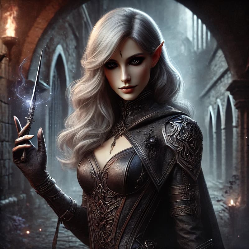 A mysterious and elegant fantasy character Lylthia, a half elf rogue with long silver hair, piercing eyes, and wearing dark leather armor adorned wit