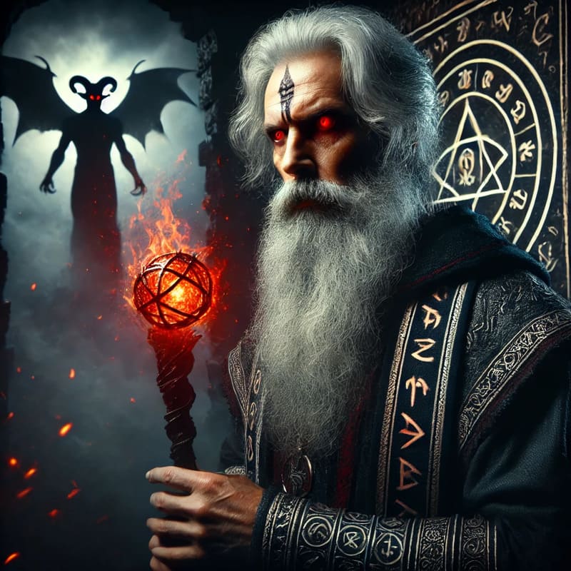 A powerful and sinister fantasy character Maylok, an elderly human warlock with a long black beard streaked with gray and glowing red eyes. He wears