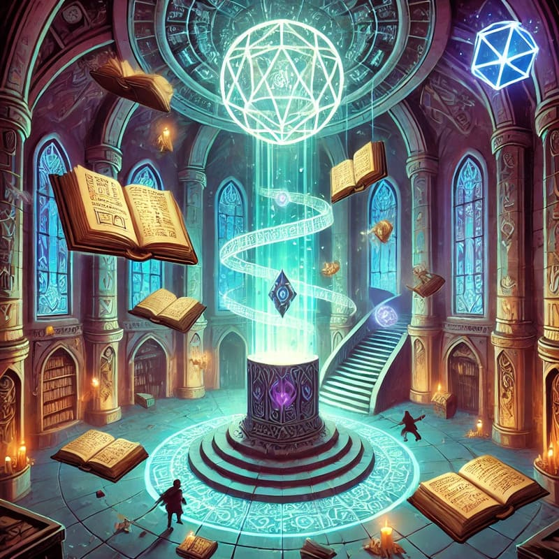 A vibrant fantasy illustration of a unique dungeon area a grand, magical library with floating books, glowing runes on the walls, and a central pedes