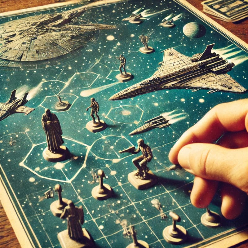 A vintage style illustration of a futuristic space battle, inspired by classic play by mail wargames. The scene features fleets of spaceships engaging