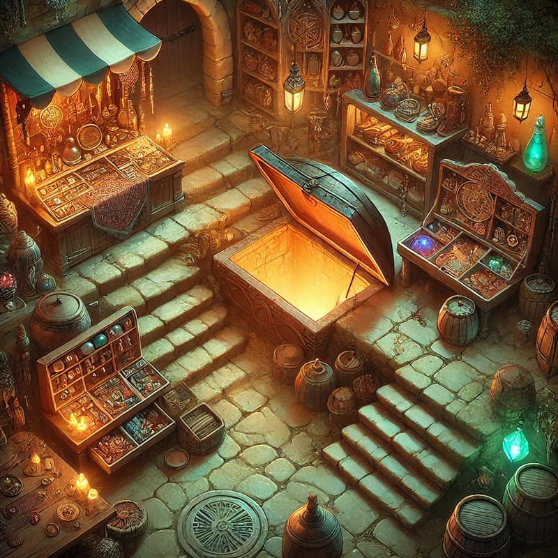 An atmospheric fantasy scene of a market like setting hiding a dungeon entrance. A small, unassuming trapdoor is visible beneath a shady merchant's st