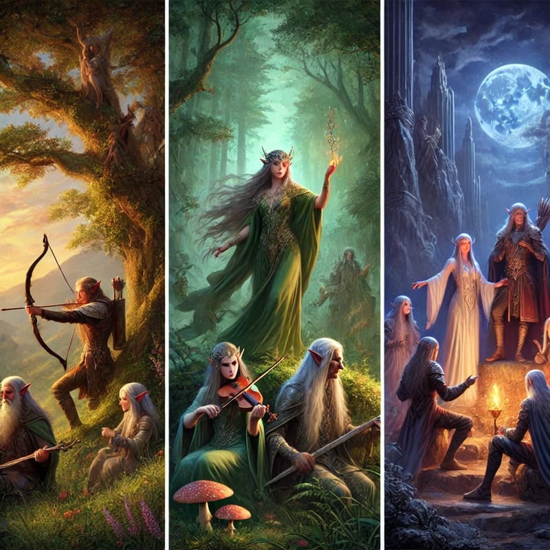 An epic fantasy illustration showing three distinct groups of elves representing the Silvan, Sindar, and Noldor. The Silvan elves are depicted in a lu