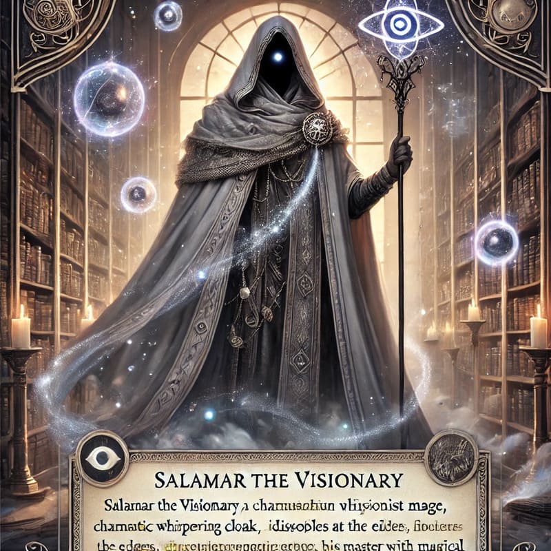 Salamar the Visionary, a charismatic human illusionist mage. He is depicted wearing a gray whispering cloak that dissolves a