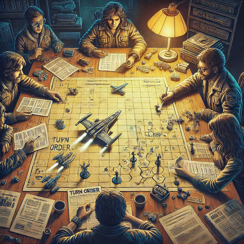 nostalgic illustration of a tabletop wargaming session from the 1970s, with players gathered around a large map covered in handwritten notes, spaces