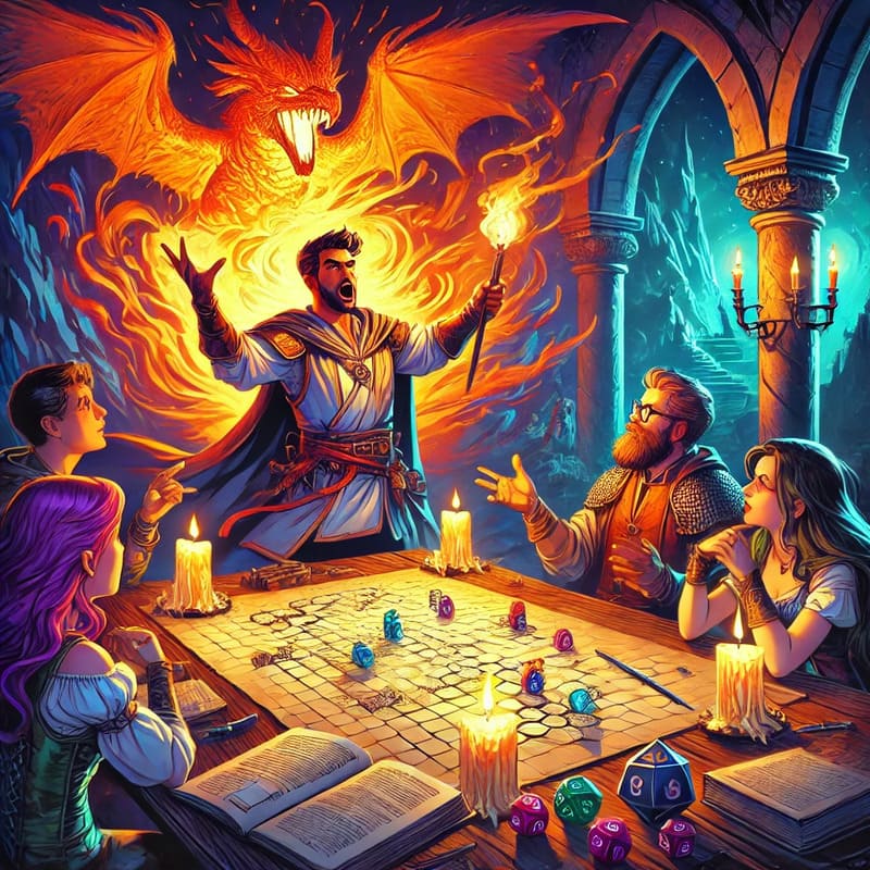 A vibrant fantasy illustration of a Dungeon Master guiding a group of adventurers through a dramatic moment in a Dungeons & Dragons game. The DM, illu